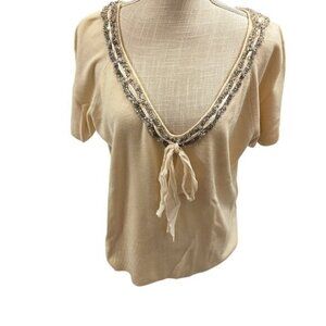 Dana Buchman Cream Blouse with Embellished V-Neck